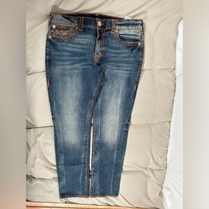 True Religion Rocco Trophy Blue Relaxed Skinny SuperT Jean 107445 Orange Stitch